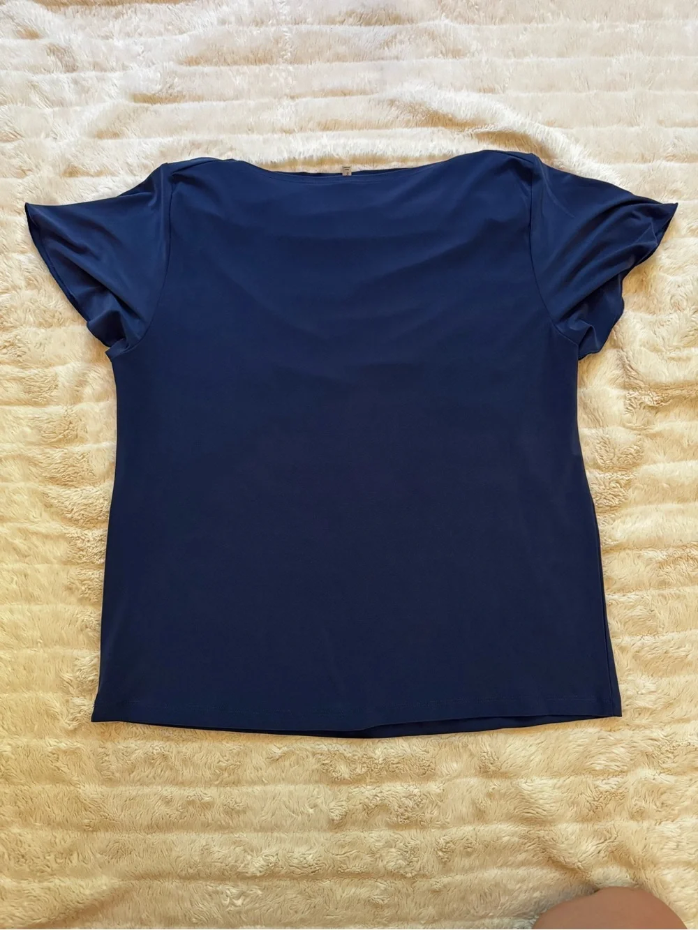 Passport Navy Beaded Cowl Neck Short Sleeve Blouse